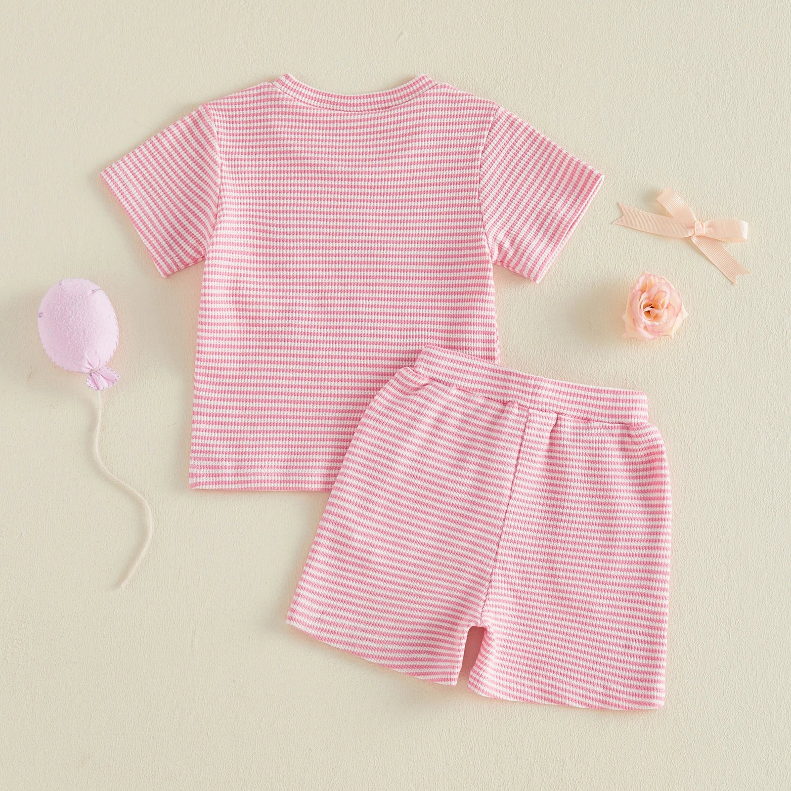 2Pcs Baby Boys Clothing Set Short Sleeve Crew Neck Letters Embroidery Striped Tops and Elastic Waist Shorts Summer Outfits for