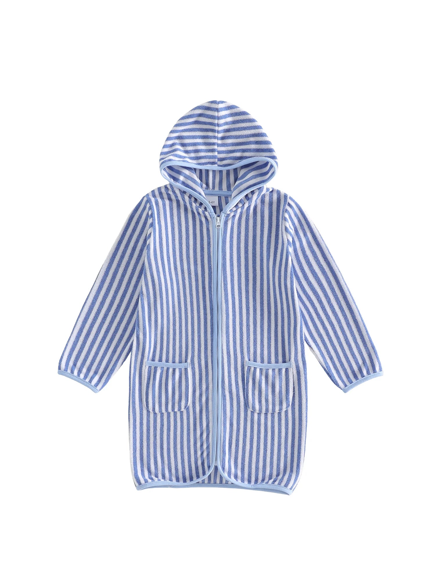 Children s Hooded Bath Towel with Long Sleeves and Front Zipper Striped Surf Poncho for Swimming and Outerwear