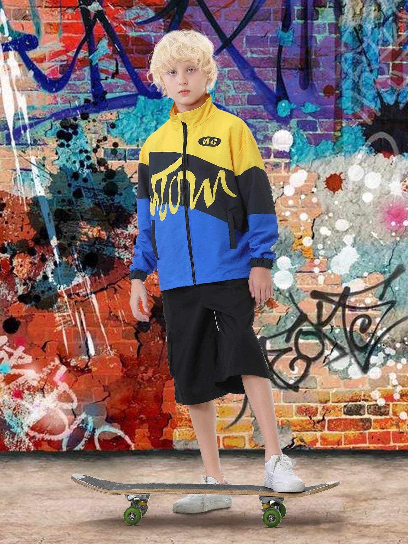 Children's hip hop suit set black yellow hooded children's street dance suit campus sports suit runway set for boys girls