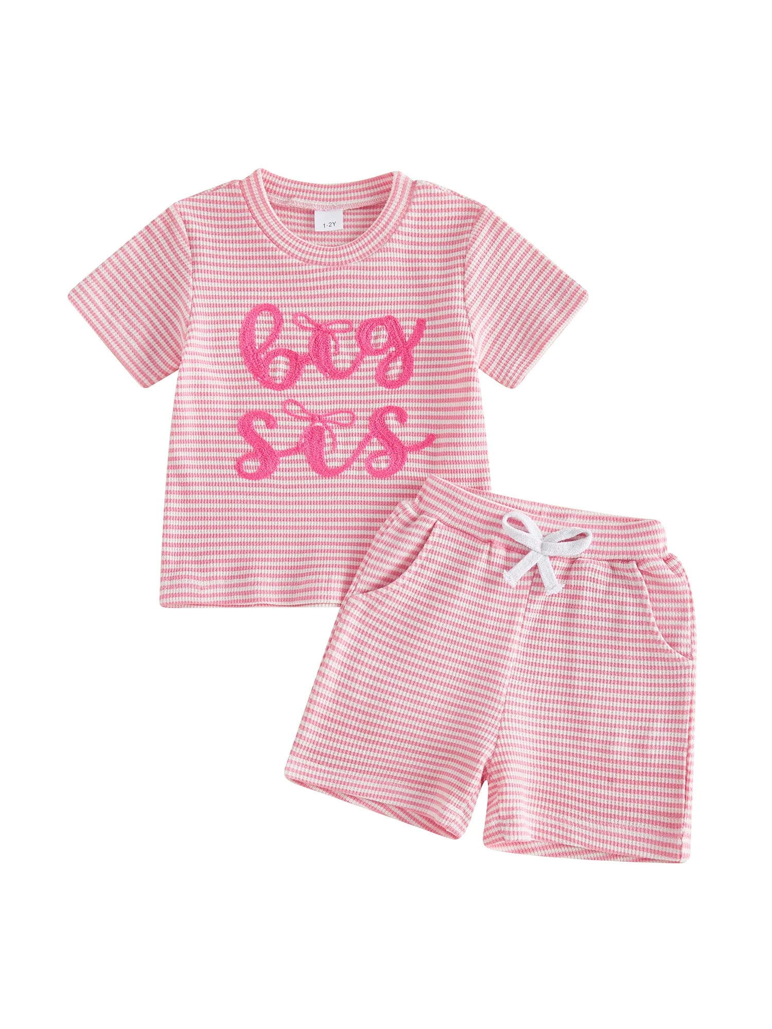 2Pcs Baby Boys Clothing Set Short Sleeve Crew Neck Letters Embroidery Striped Tops and Elastic Waist Shorts Summer Outfits for